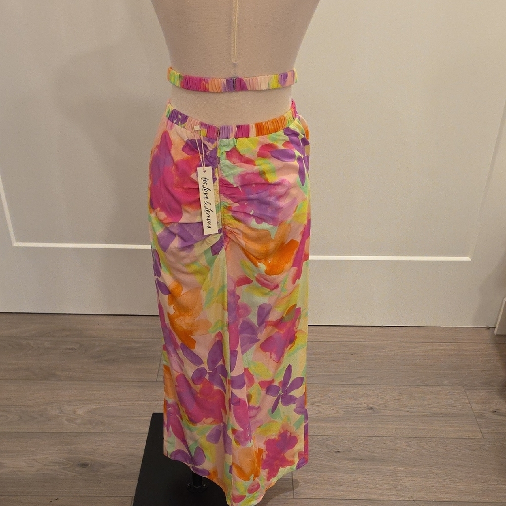 For Love And Lemons Pink,Orange,purple print midi ruched Skirt size L  NWTS - Picture 6 of 10